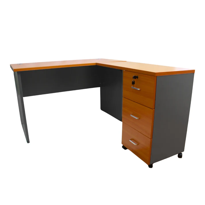 Escritorio en L Modular - 120x120x75 - 3 Cajones - Primer Cajón con llave - Color Peral